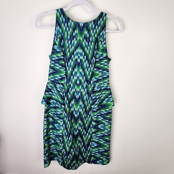 Milly Green Blue Novelty Peplum Sheath Dress Size 4 Mod 60s Retro Designer - Picture 1 of 7
